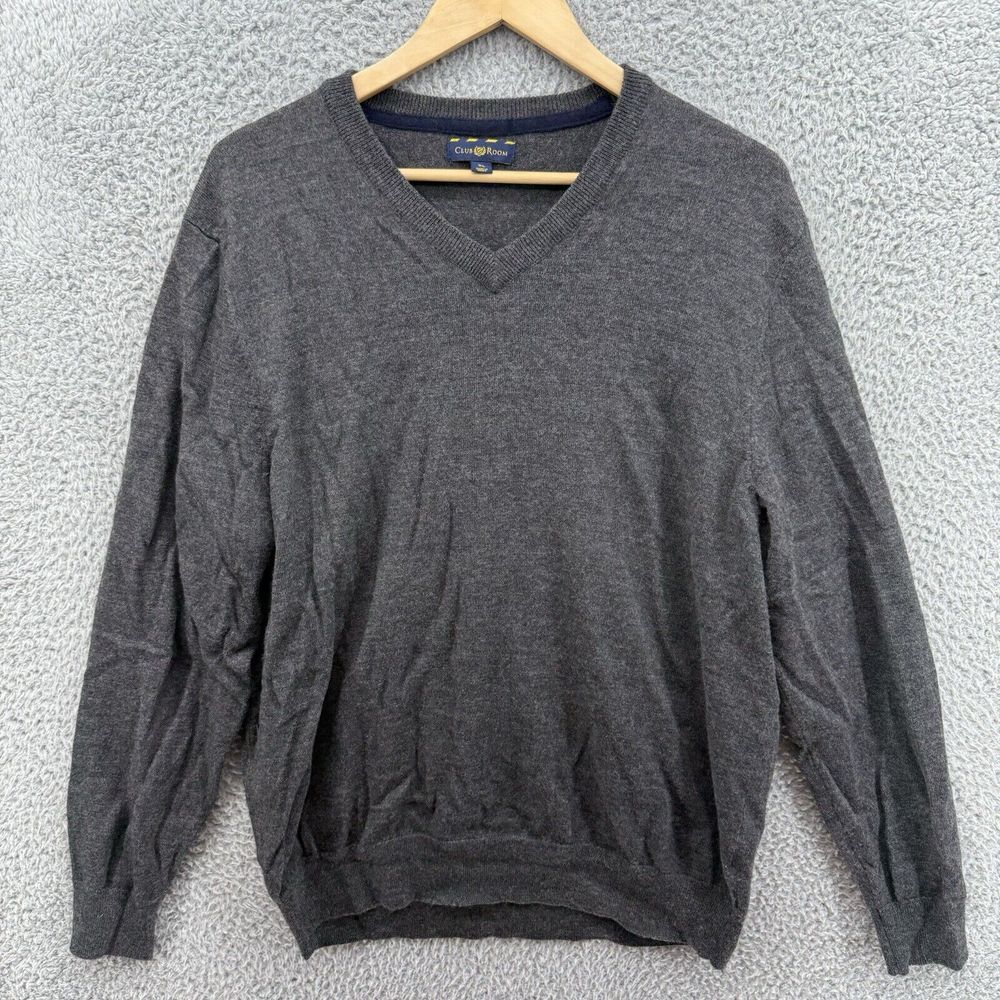 Club Room Mens XL Solid V-Neck Merino Wool Blend Sweater Stone Gray Long Sleeve‎